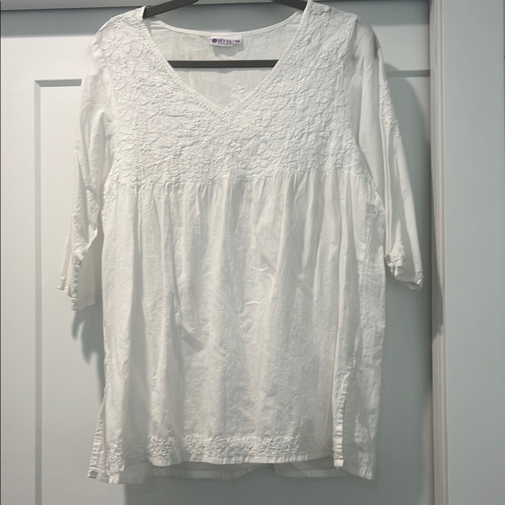 Handmade White Embellished Tunic with 3/4 Sleeves